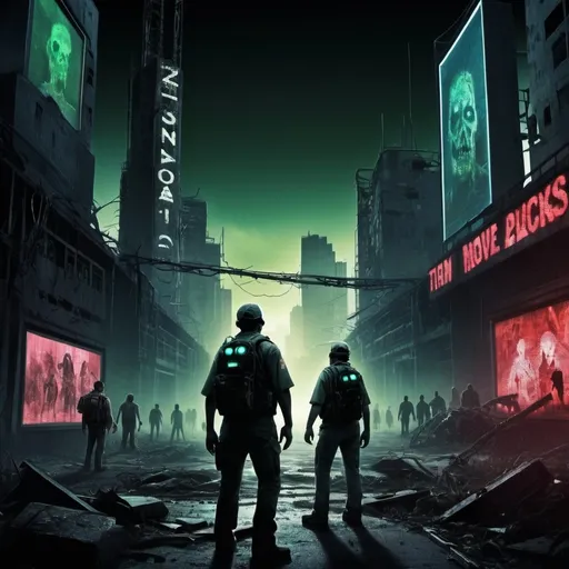 Prompt: Description:

Background: A dark, post-apocalyptic landscape with a mix of ruined buildings and digital grid elements overlaying the scene, representing the integration of technology.
Foreground:
Central Element: A digital display or holographic screen in the middle with the title "AI's Movie Picks" at the top and "Zombie Apocalypse Edition" below it. The text should have a neon glow effect, with digital glitch effects.
Movie Elements:
Small movie posters for each of the five films (e.g., "28 Days Later," "Dawn of the Dead," "World War Z," "Train to Busan," "Shaun of the Dead"), arranged in a semi-circle around the central display. Each poster should have a slightly worn or distressed look to fit the post-apocalyptic theme.
The posters could have subtle neon outlines or digital enhancements to keep the tech theme.
Zombie Elements:
Silhouettes or shadowy figures of zombies in the background, blending into the dark landscape but illuminated by the digital elements.
AI Elements:
A robotic or holographic hand pointing to the central display, indicating AI curation.
Floating digital symbols and icons, such as data streams, binary code, or neural network diagrams, subtly integrated into the background and around the posters.
Color Palette: Dark tones with vibrant neon accents in colors like green, red, and blue to create a contrasting and eye-catching effect.
Mood: A mix of eerie and futuristic, combining the horror of the zombie apocalypse with the high-tech vibe of AI.