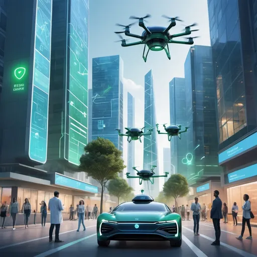 Prompt: Description:

Background: A futuristic cityscape with sleek, modern buildings, flying cars, and advanced public transportation systems.
Foreground: A diverse group of people interacting with various AI technologies.
A doctor using an AI-powered holographic screen to diagnose a patient.
A student learning with a virtual tutor displayed on a smart device.
An autonomous vehicle navigating the streets.
A person in a smart home, with IoT devices managing home appliances.
Elements:
Robots and drones assisting in daily tasks.
Data streams and holographic interfaces.
Green energy sources like solar panels and wind turbines integrated into the cityscape.
Color Palette: Bright and vibrant with a focus on blues, greens, and metallic tones to signify technological advancement and sustainability.
Mood: Optimistic and innovative, emphasizing the positive impact of AI on society.