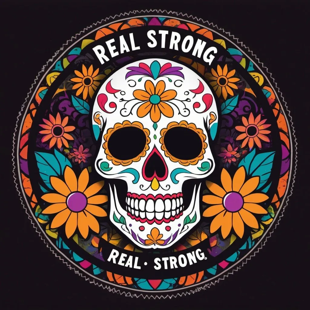 Prompt: Day of the dead skull in a circle with bright colours, a daisy juice label and a slogan of “real strong”
