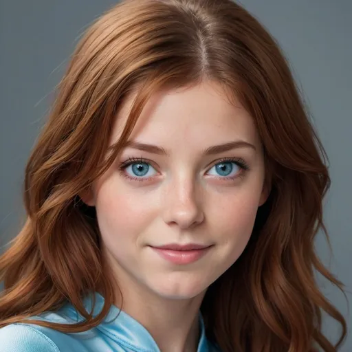 Prompt: Can you generate an image of a girl (around 20) dark red hair girl ( more long and soft waves red hair) with her eyes looking like her mother's eyes a pale blue more blue eyes, make her very beautiful, skinny. a more soft features, a very dimple smile, make her breathtaking beautiful. more round face.  make her eyes more pale blue. Her mother is Addison Montgomery and her father is Derek Shepherd.
imagine she is an olympic gymnastic, artistic gymnastic, make her wear a long sleeve leotard for USA gymnastics, show the leotard on the image