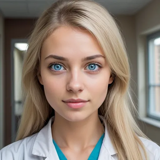 Prompt: Can you generate an image of a girl (around 25 more adult) blonde girl ( more long and straight hair) with her eyes looking like her mother's eyes a blue more grey eyes, make her very beautiful, skinny. a more soft features, a very dimple smile, make her breathtaking beautiful. more round face. imagine she is at the hospital and she is wearing a lab coat.  make her eyes more grey than blue. she is so breathink beautiful, absolutely gorgeous.