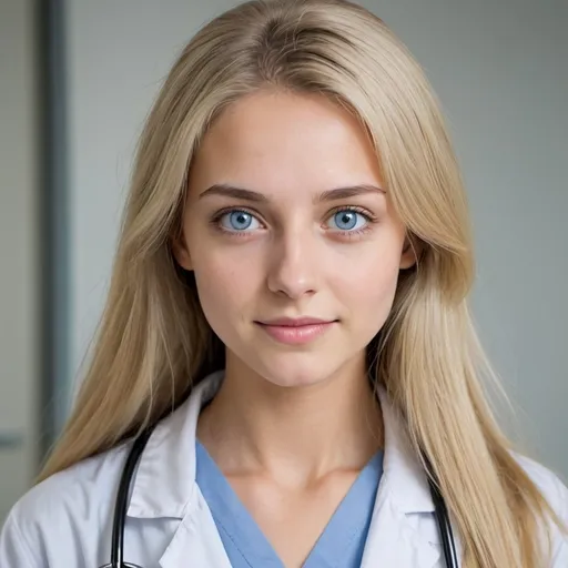 Prompt: Can you generate an image of a girl (around 20 years old) blonde girl ( more long straight hair) with her eyes looking like her mother's eyes a blue more grey eyes, make her very beautiful, skinny. a more soft features, a very dimple perfect smile, make her breathtaking beautiful. more round face.
imagine she is at the hospital and she is wearing a lab coat. She is a doctor (make us see her labcoat more)
make her eyes more grey than blue.