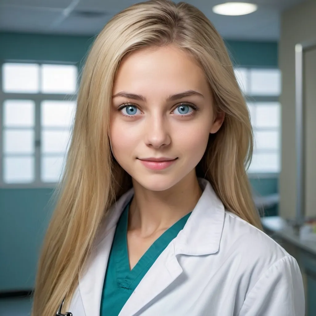 Prompt: Can you generate an image of a girl (around 20 years old) blonde girl ( more long straight hair) with her eyes looking like her mother's eyes a blue more grey eyes, make her very beautiful, skinny. a more soft features, a very dimple perfect smile, make her breathtaking beautiful. more round face.
imagine she is at the hospital and she is wearing a lab coat. She is a doctor (make us see her labcoat more)
make her eyes more grey than blue.