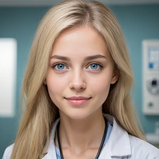 Prompt: Can you generate an image of a girl (around 20 years old) blonde girl ( more long straight hair) with her eyes looking like her mother's eyes a blue more grey eyes, make her very beautiful, skinny. a more soft features, a very dimple perfect smile, make her breathtaking beautiful. more round face.
imagine she is at the hospital and she is wearing a lab coat. She is a doctor (make us see her labcoat more)
make her eyes more grey than blue.