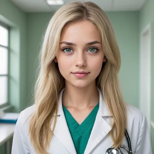 Prompt: Can you generate an image of a girl (around 25 more adult) blonde girl ( more long and straight hair) with her eyes looking like her mother's eyes a green more grey eyes, make her very beautiful, skinny. a more soft features, a very dimple smile, make her breathtaking beautiful. more round face
she is the daughter of Jack Bristow and Irina Derevko
imagine she is at the hospital and she is wearing a lab coat. She is a doctor (make us see her labcoat more)
make her eyes more grey than green