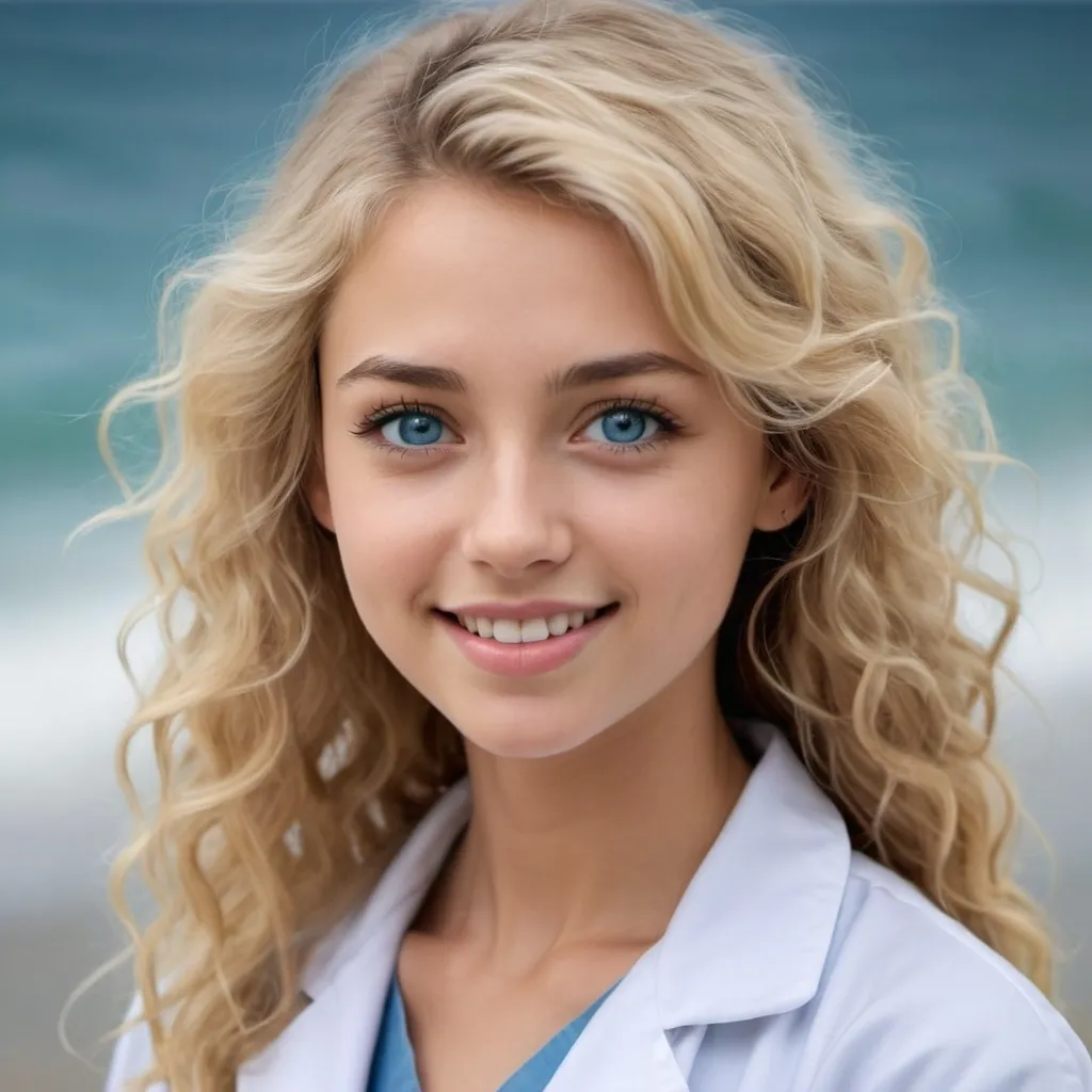 Prompt: Can you generate an image of a girl (around 20 years old) blonde girl ( more long very curly hair) with her eyes looking like her father's eyes a blue (deep blue ocean kind of color) eyes, make her very beautiful, skinny. a more soft features, a very dimple perfect smile, make her breathtaking beautiful. more round face.
imagine she is at the hospital and she is wearing a lab coat. She is a doctor (make us see her labcoat more)
