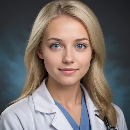 Prompt: Can you generate an image of a girl (around 25 more adult) blonde girl ( more long and straight hair) with her eyes looking like her mother's eyes a blue more grey eyes, make her very beautiful, skinny. a more soft features, a very dimple smile, make her breathtaking beautiful. more round face.
imagine she is at the hospital and she is wearing a lab coat. She is a doctor (make us see her labcoat more)
make her eyes more grey than blue.