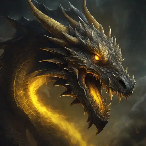 Prompt: Fantasy illustration of a necrotic topaz dragon, sinister expression, ominous aura, detailed fantasy art, high quality, dramatic lighting, piercing yellow eyes, intimidating presence, yellow and black color tones, artstyle-renaissance, dark fantasy, detailed features, professional