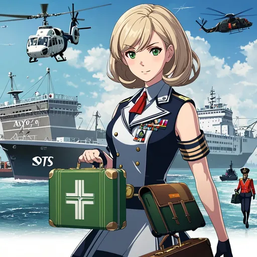 Prompt: a woman in a uniform holding a green suitcase in front of a ship and helicopter in the background with a helicopter in the sky, Ay-O, sots art, official art, a character portrait