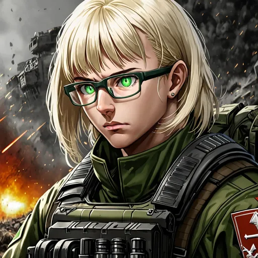 Prompt: Argo, (full profile portrait), Lieutenant in Fleet Marine Force, specialized combat medic and tactical leader, athletic build, age 26, shoulder-length platinum blonde hair, piercing green eyes, wearing stylish black-rimmed reading glasses, set against a dramatic battlefield background, (highly detailed), precision lighting highlighting features, (intense expression), conveying determination and readiness, vibrant colors contrasting with muted tones for a striking visual effect, (4K quality).