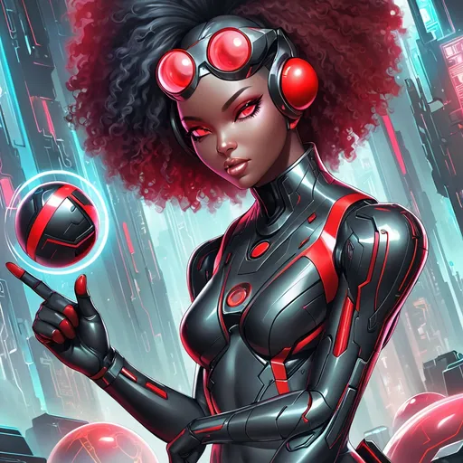 Prompt: a woman in a futuristic suit holding a red ball in her hand and pointing to it with her finger, Artgerm, afrofuturism, official art, cyberpunk art