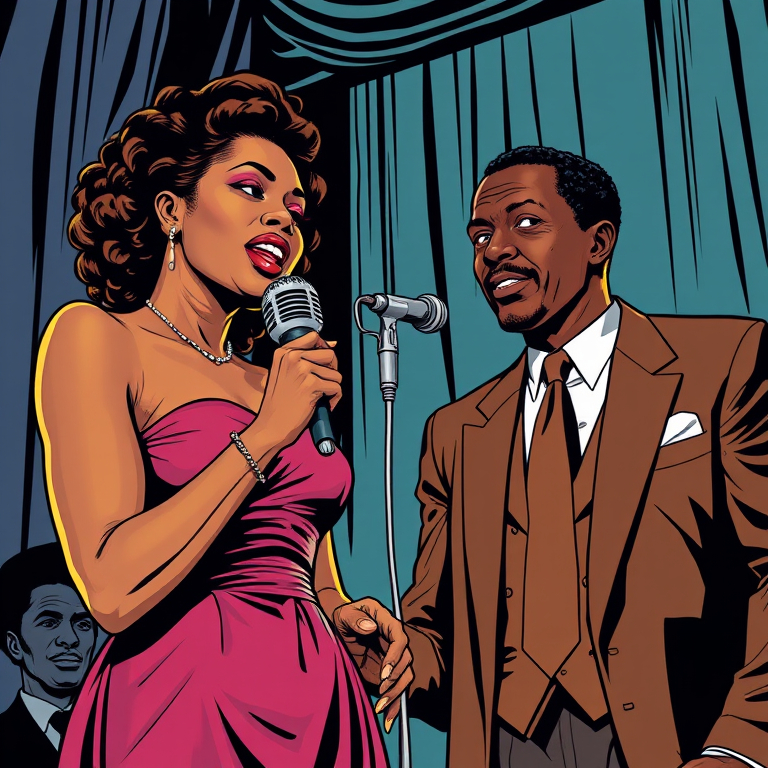 Prompt: a woman in a dress holding a microphone in front of a microphone with a man in a suit and tie, Ernie Barnes, harlem renaissance, comic cover art, a comic book panel