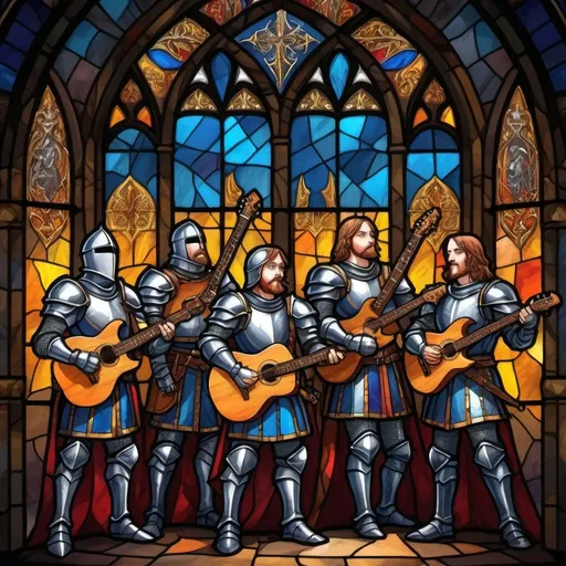Prompt: Illustration of five knights singing and playing guitar on stage, medieval fantasy art style, detailed armor and weapons, dynamic stage lighting, epic atmosphere, high quality, medieval fantasy, guitar playing, singing, medieval setting, stage performance