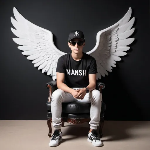 Prompt: Create a 3D illusion for a whatsapp profile picture where a boy in a black shirt sits casually on a Wingback Chair. Wearing sneakers ,a black cricket cap, and sunglasses, he looks ahead. The background features name "manish " in big and capital white fonts on the black wall.
There should not be his shadow, and there are wings to make it appear as if he is an angel