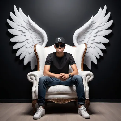 Prompt: Create a 3D illusion for a WhatsApp profile picture where a boy in a black shirt sits casually on a Wingback Chair. Wearing sneakers ,a black cricket cap, and sunglasses, he looks ahead. The background features"Manish" in big and capital white fonts on the black wall.
There should not be his shadow, and there are wings to make it appear as if he is an angel