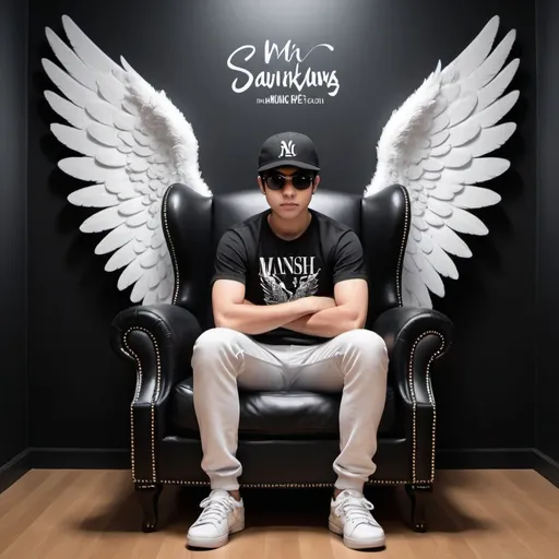 Prompt: Create a 3D illusion for a whatsapp profile picture where a anime boy face cartoon in a black shirt sits casually on a Wingback Chair. Wearing sneakers ,a black cricket cap, and sunglasses, he looks ahead. The background features name "manish " in big and capital white fonts on the black wall.
There should not be his shadow, and there are wings to make it appear as if he is an angel