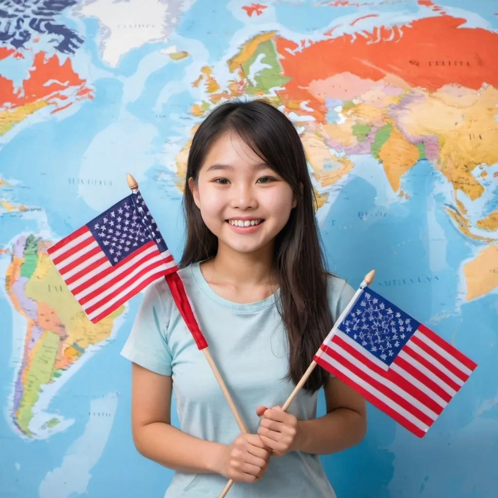 Prompt: A smiling Asian girl with an American flag and a world map