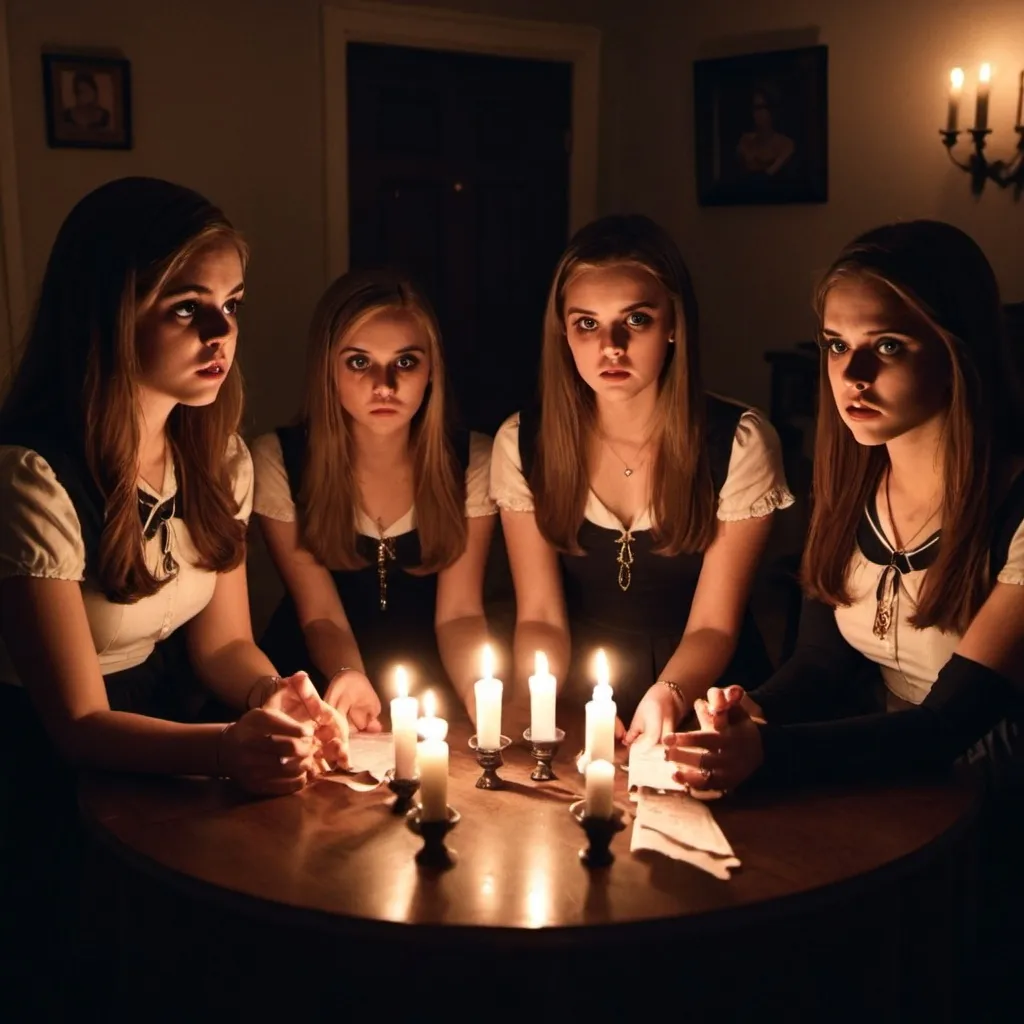 Prompt: sorority girls holding a seance. Looking terrified. Shadows surround them. In a dimly lit room