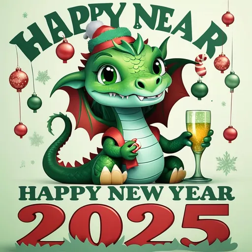 Prompt: Create a greeting card in the style of “meme” Happy New Year 2025 greetings” on a card with a picture of a Green Wooden Dragon + put a glass in his hands and the occupiers

