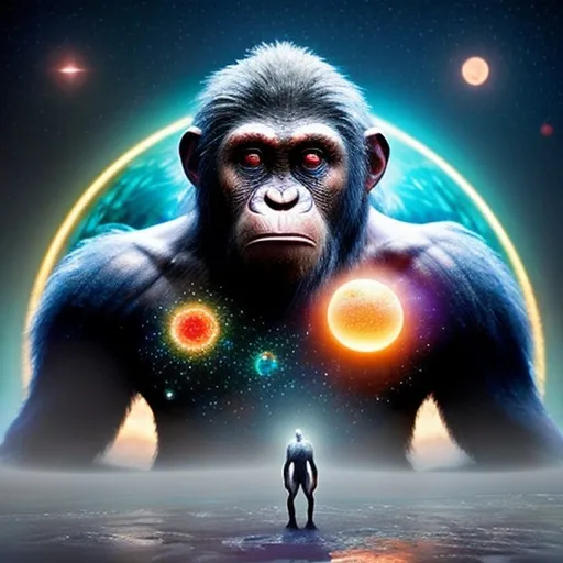 Prompt: Create a beautiful transcendent ape, standing in an otherworldly scene depicting 'Polkadot' as a celestial body. Planet of the apes. Show a vibrant, spherical planet with colorful rings or interconnected bands encircling it. The planet's surface could exhibit a mix of diverse terrains or patterns, reflecting connectivity and diversity. Incorporate a sense of cosmic wonder and technological sophistication, suggesting a world that embodies interconnectedness and innovation.