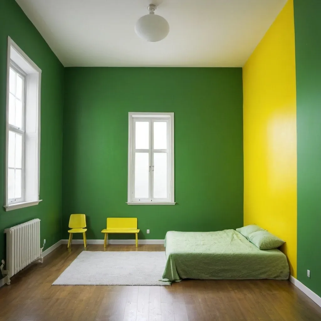 Prompt: A room with three walls green and one wall yellow 