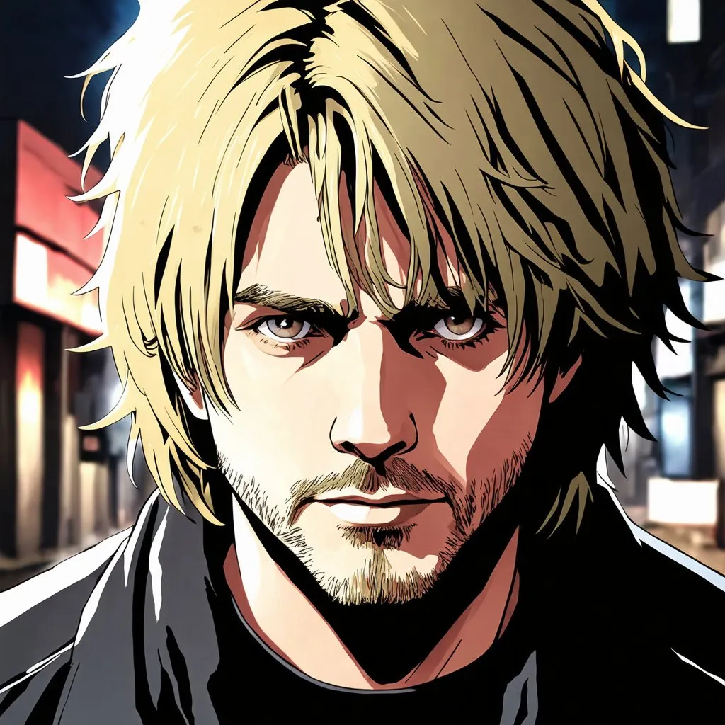 Prompt: Anime illustration of Kurt Cobain, artistic style, detailed facial features, intense eyes, grunge, rockstar, iconic hair, cool tones, gritty urban setting, high quality, anime, detailed eyes, grunge style, cool tones, atmospheric lighting