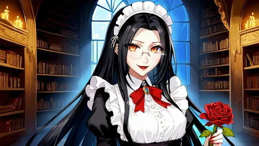 Prompt: solo chinese beautiful girl ,final fantasy sephiroth black hair , round glasses ,black maid long attire, dark red lipstick, deep orange eye, in happy love and cute smirk mood, in night day time abandoned palace library looking at you with genius blushing smirk ,hold a rose flower in her hand and other hand have a love letter from you