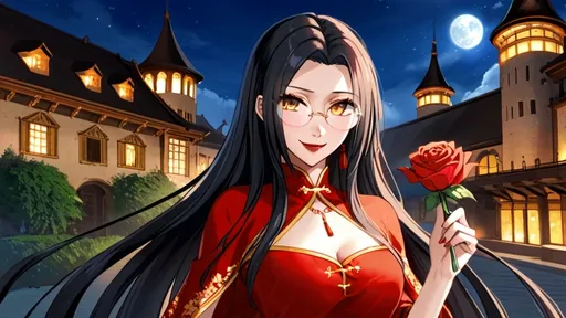 Prompt: solo chinese beautiful girl ,final fantasy sephiroth black hair , round glasses ,vintage librarian attire dress, dark red lipstick, deep orange eye, in happy love and cute smirk mood, in night day time china abandoned palace balcony looking at you with genius blushing smirk ,hold a rose flower in her hand and other hand have a love letter from you