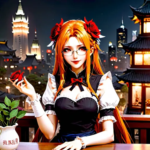 Prompt: solo chinese beautiful girl ,final fantasy sephiroth ginger hair , round glasses ,maid dress, dark red lipstick, deep orange eye, in happy love and cute smirk mood, in night day time city balcony, sit down at table with looking at you with genius blushing smirk ,hold a rose flower in her hand and other hand have a love letter from you