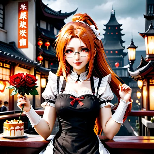 Prompt: solo chinese beautiful girl ,final fantasy sephiroth ginger hair , round glasses ,maid dress, dark red lipstick, deep orange eye, in happy love and cute smirk mood, in night day time city balcony, sit down at table with looking at you with genius blushing smirk ,hold a rose flower in her hand and other hand have a love letter from you