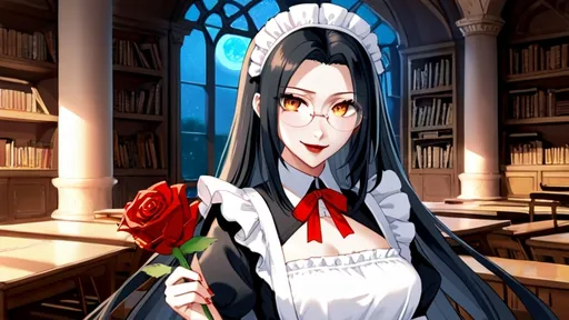 Prompt: solo chinese beautiful girl ,final fantasy sephiroth black hair , round glasses ,black maid long attire, dark red lipstick, deep orange eye, in happy love and cute smirk mood, in night day time abandoned palace library looking at you with genius blushing smirk ,hold a rose flower in her hand and other hand have a love letter from you