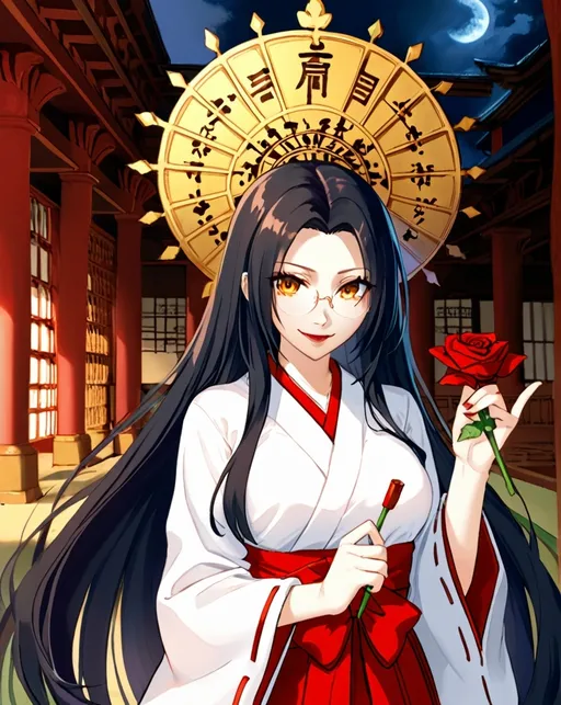 Prompt: solo russian beautiful girl ,final fantasy sephiroth black hair , round glasses ,shrine maiden hakama, dark red lipstick, deep orange eye, in happy love and cute smirk mood, in night day time abandoned palace library looking at you with genius blushing smirk ,hold a rose flower in her hand and other hand have a love letter from you