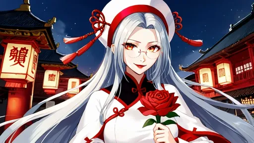 Prompt: solo chinese beautiful girl ,final fantasy sephiroth silver-gray hair , round glasses ,chinese traditional han strategist or advisor role robes, red/pink lotus hanfu mark in head, dark red lipstick, deep orange eye, in happy love and cute smirk mood, in night day time china abandoned palace balcony looking at you with genius blushing smirk ,hold a rose flower in her hand and other hand have a love letter from you