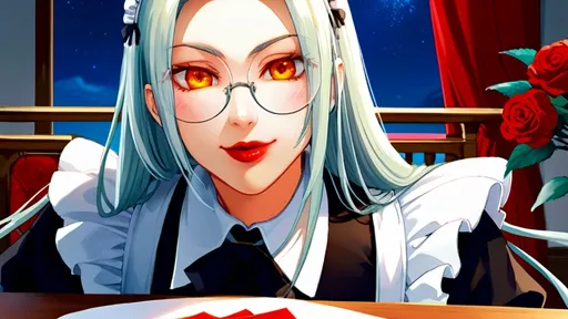 Prompt: solo chinese beautiful girl ,final fantasy sephiroth ginger hair , round glasses ,maid dress, dark red lipstick, deep orange eye, in happy love and cute smirk mood, in night day time city balcony, sit down at table with looking at you with genius blushing smirk ,hold a rose flower in her hand and other hand have a love letter from you