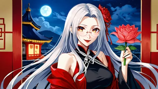 Prompt: solo chinese beautiful girl ,final fantasy sephiroth silver-gray hair , round glasses ,chinese traditional han strategist or advisor role robes, red/pink lotus hanfu mark in head, dark red lipstick, deep orange eye, in happy love and cute smirk mood, in night day time china abandoned palace balcony looking at you with genius blushing smirk ,hold a rose flower in her hand and other hand have a love letter from you