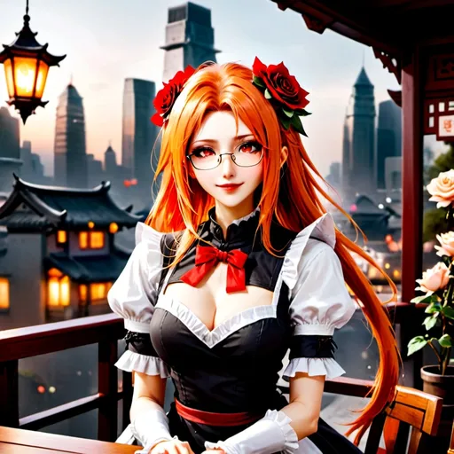 Prompt: solo chinese beautiful girl ,final fantasy sephiroth ginger hair , round glasses ,maid dress, dark red lipstick, deep orange eye, in happy love and cute smirk mood, in night day time city balcony, sit down at table with looking at you with genius blushing smirk ,hold a rose flower in her hand and other hand have a love letter from you