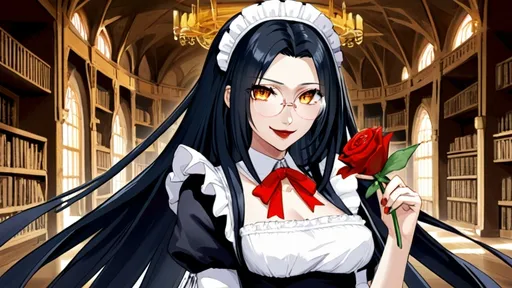 Prompt: solo chinese beautiful girl ,final fantasy sephiroth black hair , round glasses ,black maid long attire, dark red lipstick, deep orange eye, in happy love and cute smirk mood, in night day time abandoned palace library looking at you with genius blushing smirk ,hold a rose flower in her hand and other hand have a love letter from you