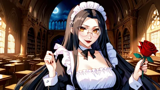 Prompt: solo russian beautiful girl ,final fantasy sephiroth black hair , round glasses ,black maid long attire, dark red lipstick, deep orange eye, in happy love and cute smirk mood, in night day time abandoned palace library looking at you with genius blushing smirk ,hold a rose flower in her hand and other hand have a love letter from you