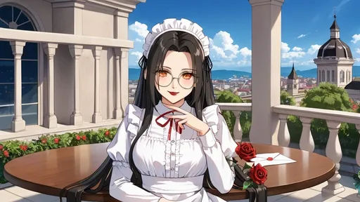 Prompt: solo chinese beautiful girl ,final fantasy sephiroth ginger hair , round glasses ,maid dress, dark red lipstick, deep orange eye, in happy love and cute smirk mood, in night day time city balcony, sit down at table with looking at you with genius blushing smirk ,hold a rose flower in her hand and other hand have a love letter from you