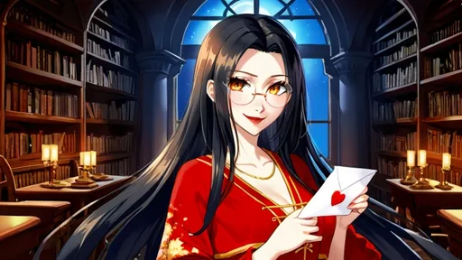 Prompt: solo chinese beautiful girl ,final fantasy sephiroth black hair , round glasses ,vintage ship captain attire dress, dark red lipstick, deep orange eye, in happy love and cute smirk mood, in night day time abandoned palace library looking at you with genius blushing smirk ,hold a rose flower in her hand and other hand have a love letter from you