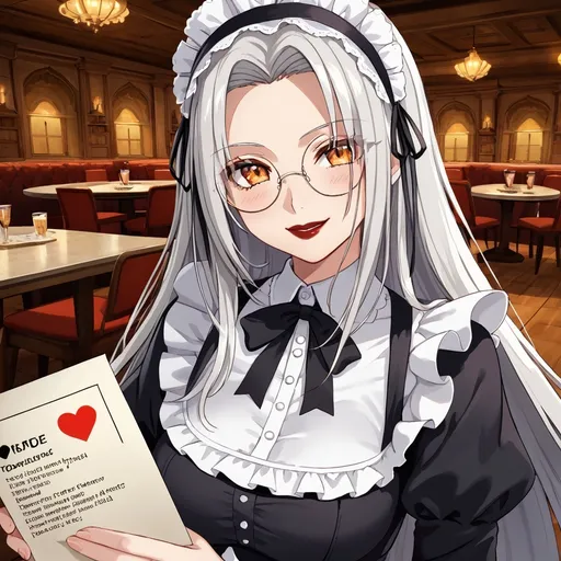 Prompt: beautiful girl ,final fantasy sephiroth ginger hair , round glasses ,black maid dress, dark red lipstick, deep orange eye, in happy love and cute mood, in evening space research cafe, looking at you with genius blushing smirk smile mood while reading at love letter romance paper from you
