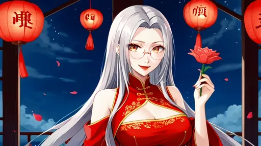 Prompt: solo chinese beautiful girl ,final fantasy sephiroth silver-gray hair , round glasses ,chinese traditional han strategist or advisor role robes, red/pink lotus hanfu mark in head, dark red lipstick, deep orange eye, in happy love and cute smirk mood, in night day time china abandoned palace balcony looking at you with genius blushing smirk ,hold a rose flower in her hand and other hand have a love letter from you