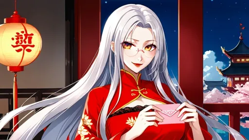 Prompt: solo chinese beautiful girl ,final fantasy sephiroth silver-gray hair , round glasses ,chinese traditional han strategist or advisor role robes, red/pink lotus hanfu mark in head, dark red lipstick, deep orange eye, in happy love and cute smirk mood, in night day time china abandoned palace balcony looking at you with genius blushing smirk ,hold a rose flower in her hand and other hand have a love letter from you