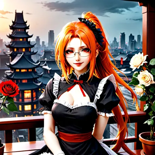 Prompt: solo chinese beautiful girl ,final fantasy sephiroth ginger hair , round glasses ,maid dress, dark red lipstick, deep orange eye, in happy love and cute smirk mood, in night day time city balcony, sit down at table with looking at you with genius blushing smirk ,hold a rose flower in her hand and other hand have a love letter from you