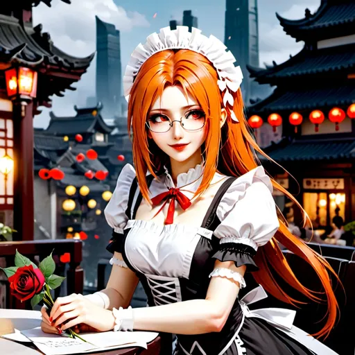 Prompt: solo chinese beautiful girl ,final fantasy sephiroth ginger hair , round glasses ,maid dress, dark red lipstick, deep orange eye, in happy love and cute smirk mood, in night day time city balcony, sit down at table with looking at you with genius blushing smirk ,hold a rose flower in her hand and other hand have a love letter from you