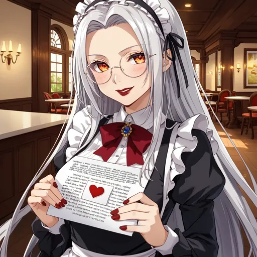 Prompt: beautiful girl ,final fantasy sephiroth ginger hair , round glasses ,black maid dress, dark red lipstick, deep orange eye, in happy love and cute mood, in evening space research cafe, looking at you with genius blushing smirk smile mood while reading at love letter romance paper from you
