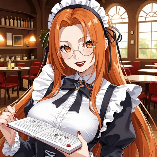 Prompt: beautiful girl ,final fantasy sephiroth ginger hair , round glasses ,black maid dress, dark red lipstick, deep orange eye, in happy love and cute mood, in evening space research cafe, looking at you with genius blushing smirk smile mood while reading at love letter romance paper from you
