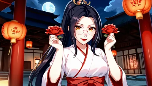 Prompt: solo russian beautiful girl ,final fantasy sephiroth with tied up ponytail black hair , round glasses ,shrine maiden hakama, dark red lipstick, deep orange eye, in happy love and cute smirk mood, in night day time abandoned palace library looking at you with genius blushing smirk ,hold a rose flower in her hand and other hand have a love letter from you