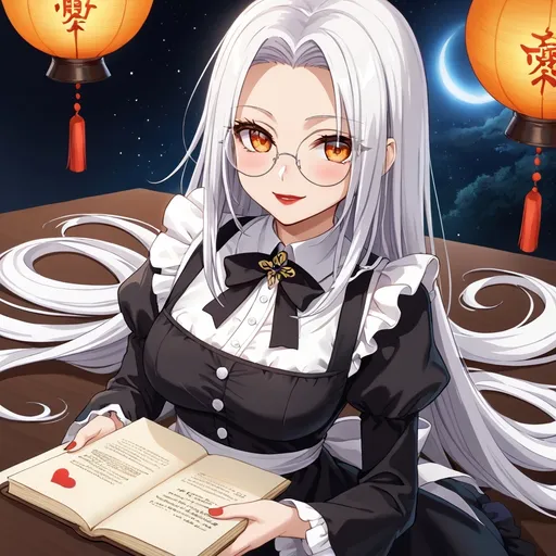 Prompt: chinese beautiful girl ,final fantasy sephiroth ginger hair , round glasses ,black maid dress, dark red lipstick, deep orange eye, in happy love and cute mood, in evening space research cafe, looking at you with genius blushing smirk smile mood while reading at love letter romance paper from you
