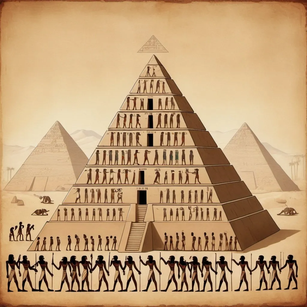 Prompt: pyramid being built by slaves, ordered by their king, hieroglyphic style 